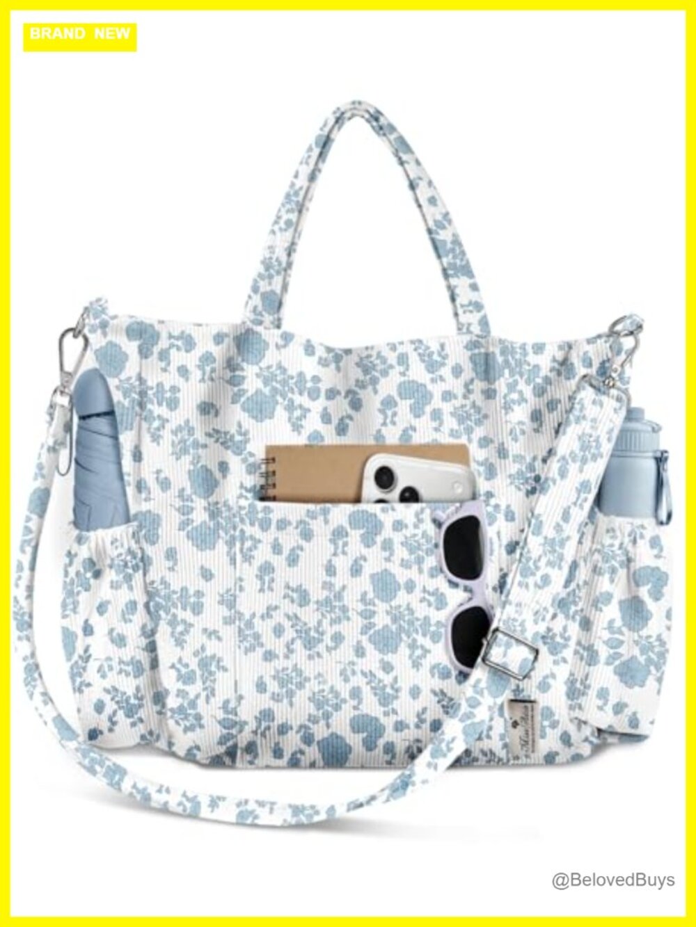 Corduroy Tote Bag with Multi-Pockets and Zipper for Travel Work